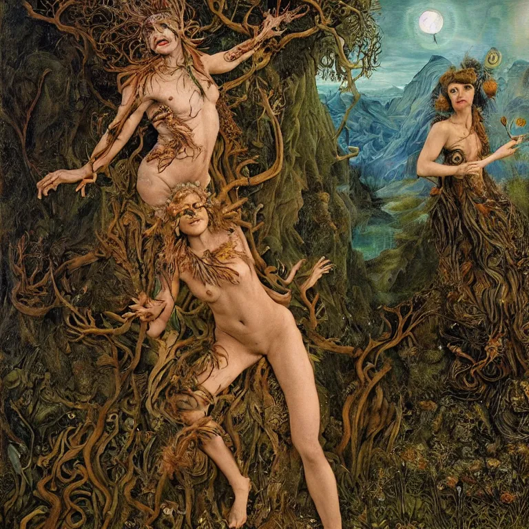 Prompt: a grinning druid dryad with fish skin transforming herself into a mad beast. her skin is covered in scales and feathers. landscape with mountains, river and night sky. painted by jan van eyck, max ernst and ernst haeckel, trending on artstation, 8 k, award winning, hard lighting, fashion editorial, mythology