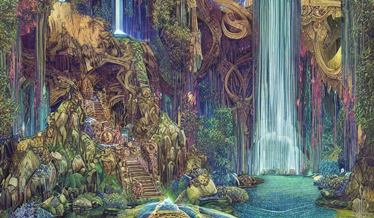 Image similar to innovative waterfall inside of a shrine the ancient gods glitchcore landscape, Precise and Intricate Linework, Art Nouveau Cosmic 4k Detailed Matte Illustration trending on Flickr ,CGSociety, Eldritch color scheme, Pastiche by Albrecht Dürer, Pastiche by Don Maitz