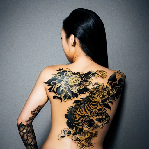 Image similar to photography of the back of a woman with a black detailed irezumi tatto representing a gold tiger with flowers, mid-shot, dark background, editorial photography