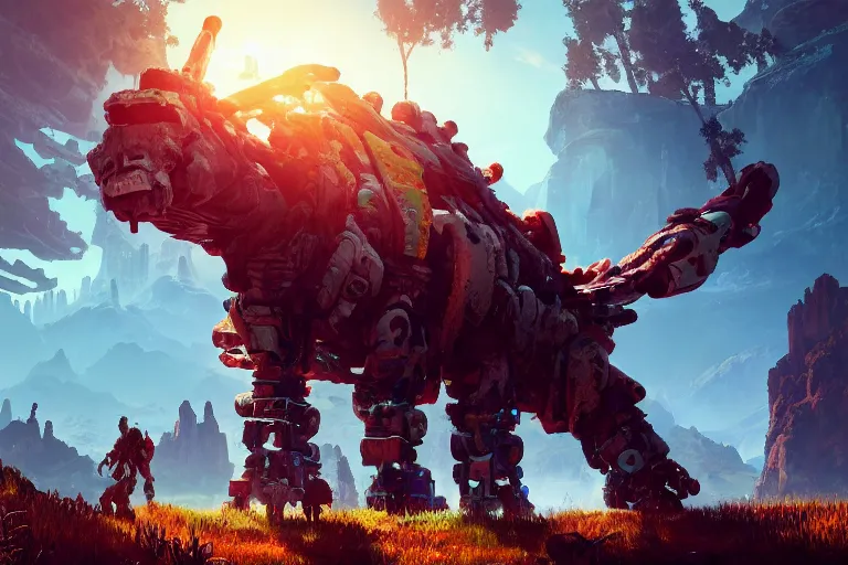 Image similar to tremortusk machine mecanical creature robot of horizon forbidden west horizon zero dawn radiating a glowing aura global illumination ray tracing hdr fanart arstation by ian pesty and alena aenami artworks in 4 k