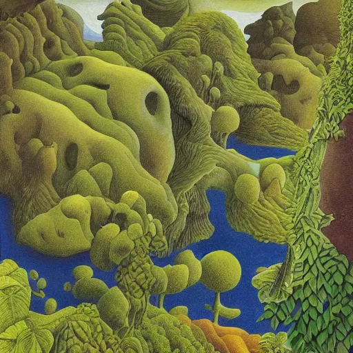 Prompt: painting of a lush natural scene on an alien planet by mc escher. beautiful landscape. weird vegetation. cliffs and water.