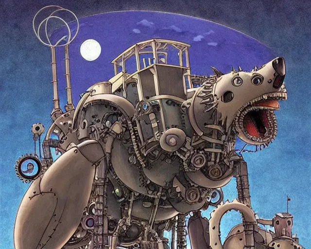 Image similar to a mechanical blueprint of a lovecraftian mechanized wolf from howl's moving castle ( 2 0 0 4 ), with a big head, in a war - torn desert village, wide shot, in front of a big moon, muted colors, post grunge, studio ghibli, hq, art by artgem