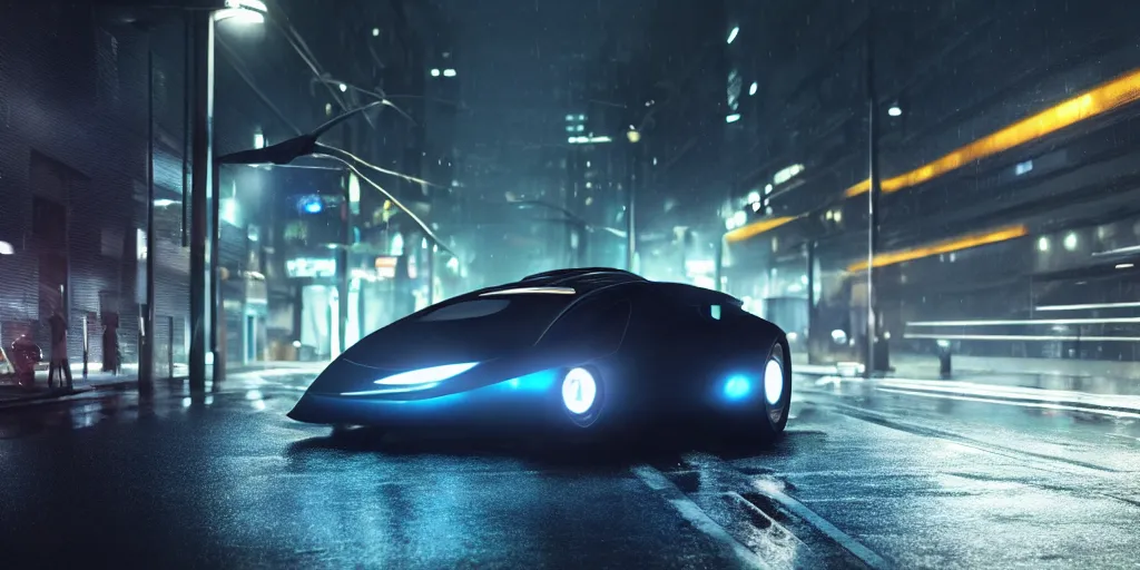 Image similar to cinematic movie scene, beautiful Product shot film still of a Syd Mead futuristic modern sleek automobile with bright headlights on a wet street at night in cyperpunk city, motion, hard surface modeling, volumetric soft lighting, style of Stanley Kubrick cinematography, 8k H 768