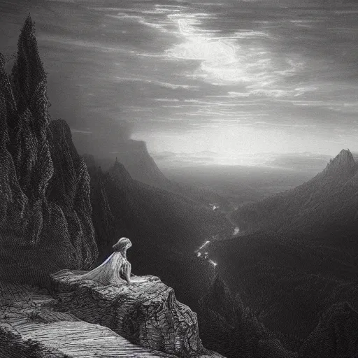 Prompt: A lonely woman, distant city, forest, cliff, gorgeous view, dramatic light, high contrast, illustration by Gustave Doré