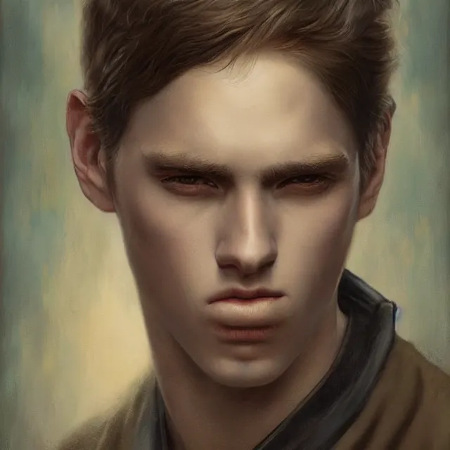 Prompt: a portrait of an intense young man with short brown hair and empathic eyes, art by tom bagshaw and manuel sanjulian