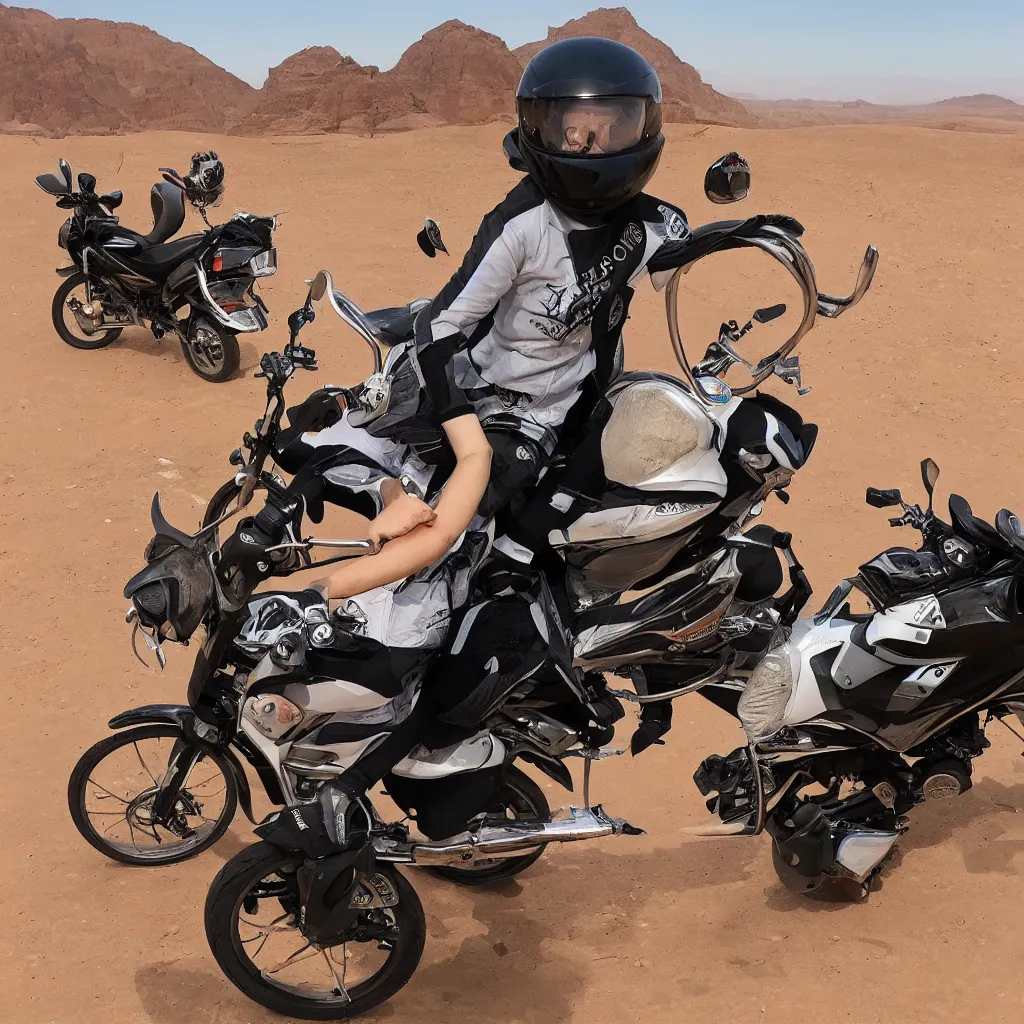 Image similar to an image of a cat riding a motercycle through the desert