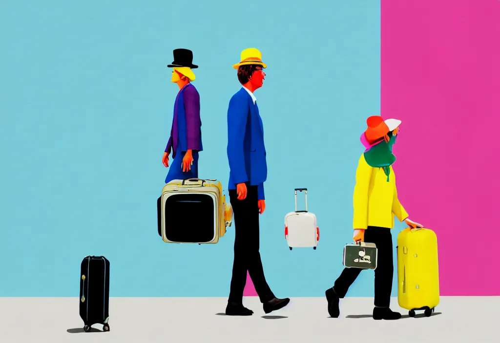 Image similar to full body portrait of a duo of european tourists travel apparel, various poses walking and carrying luggage, character designs painting, in the style of wes anderson, rene magritte, lola dupre, david hockney, isolated on white background, dark monochrome neon spraypaint accents octane render with geometry