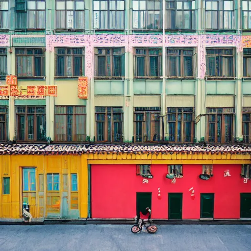 Image similar to Wes Anderson film style in ShangHai city, sharp focus , wideshot