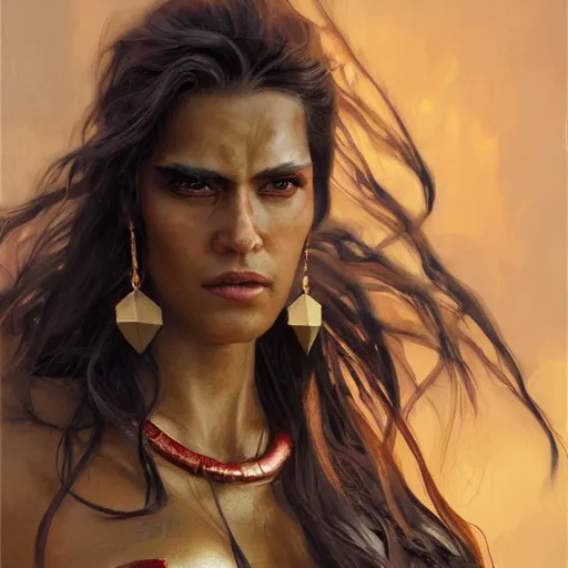 Image similar to detailed oil portrait of tall muscular bronze - skinned warrior woman with shining silver eyes, with long flowing black hair and big gold earrings, jewelry, makeup, feminine, volumetric lighting, dynamic composition, art by sachin teng and sergey kolesov and ruan jia and heng z, scifi, concept art