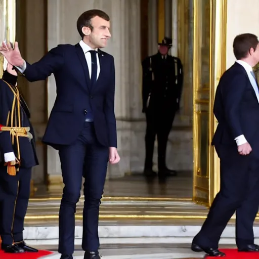 Image similar to emmanuel macron getting kicked out of the elysee palace, full body shot, highly - detailed, sharp focus, award - winning