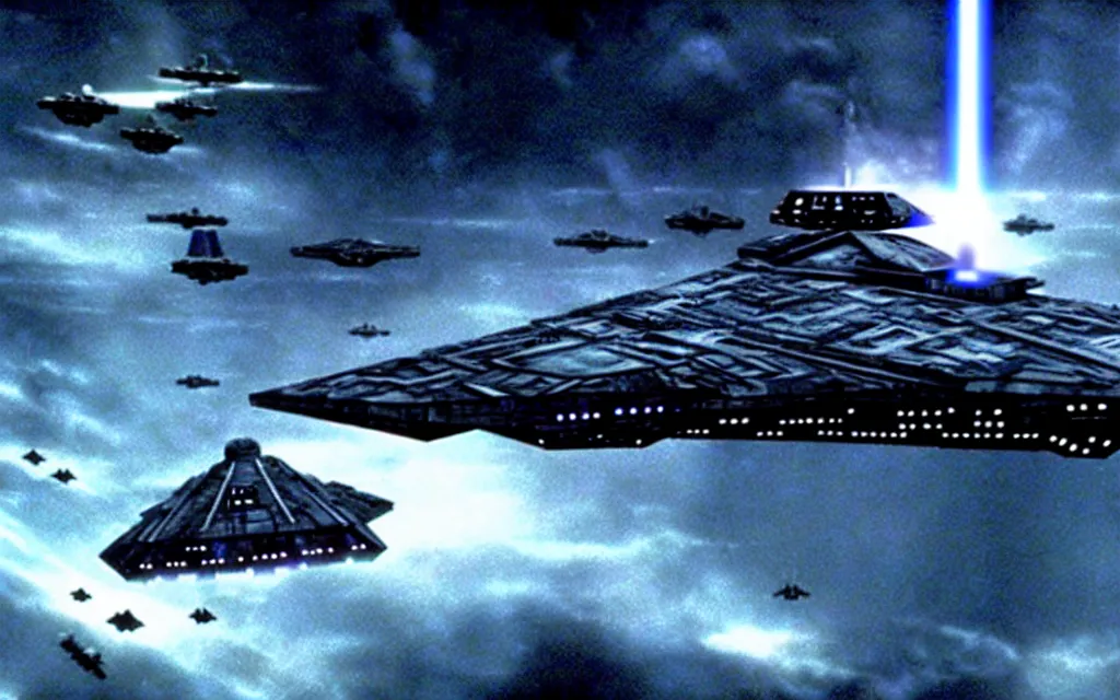 Prompt: star wars star destroyer from star wars landen in the twilight saga movie, darth vader anb bella dance together