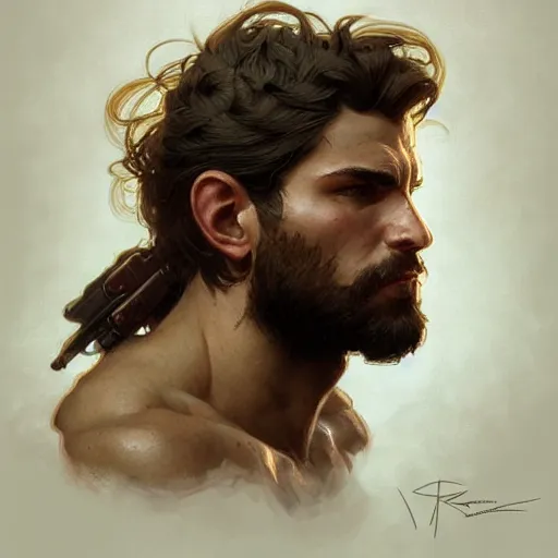 Image similar to portrait of rugged young male ranger muscular fantasy intricate elegant headshot portrait detailed face coherent face highly detailed digital painting artstation concept art smooth sharp focus illustration art by artgerm and greg rutkowski and alphonse mucha