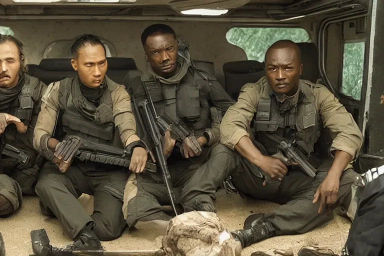 Image similar to movie diverse interracial team of Japanese robbers armed with rifles interior clean futuristic tactical van, beautiful skin, Symmetrical faces. natural lighting by Emmanuel Lubezki