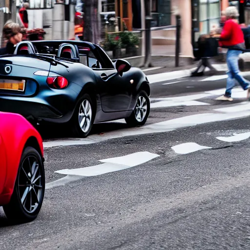 Prompt: a photograph of a rabbit driving a red mazda mx-5 on a street in Stockholm, iso 400