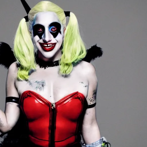 Prompt: close-up photograph of Lady Gaga portraying Harley Quinn while laughing in the movie Joker 2023, dancing pose, moody lighting, award winning photo by Annie Leibovitz, 4k