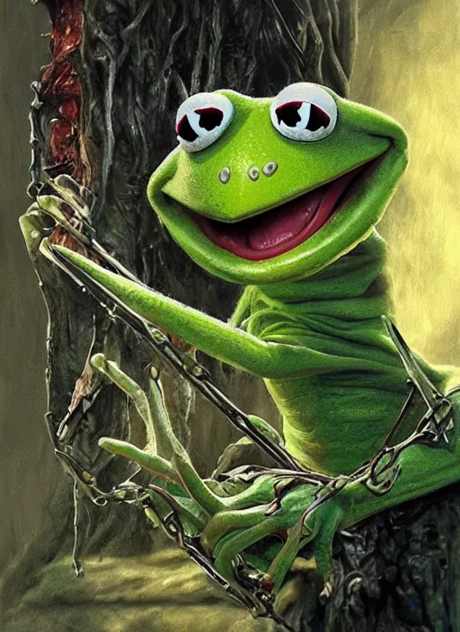 Prompt: portrait of Kermit the frog in Evil Dead (2013), highly detailed, centered, solid color background, digital painting, artstation, concept art, smooth, sharp focus, illustration, artgerm, donato giancola, Joseph Christian Leyendecker, Les Edwards, Ed Repka, WLOP