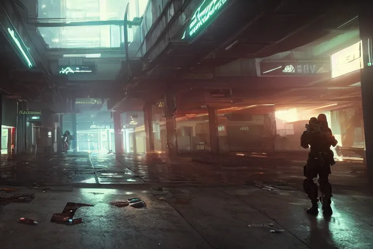 Prompt: hyper realistic fps game trailer on a abandoned cyberpunk shopping mall, a crew of high tech soldiers are in, cinematic lightning, ray tracing, unreal engine, photorealistic fps game concept art, detailed, dark, moody, foggy