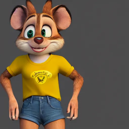 Prompt: 3 d render, portrait, upper body shot, mid shot, anthropomorphic mouse, female, wearing denim short shorts and a off yellow tank top shirt, in the style of zootopia