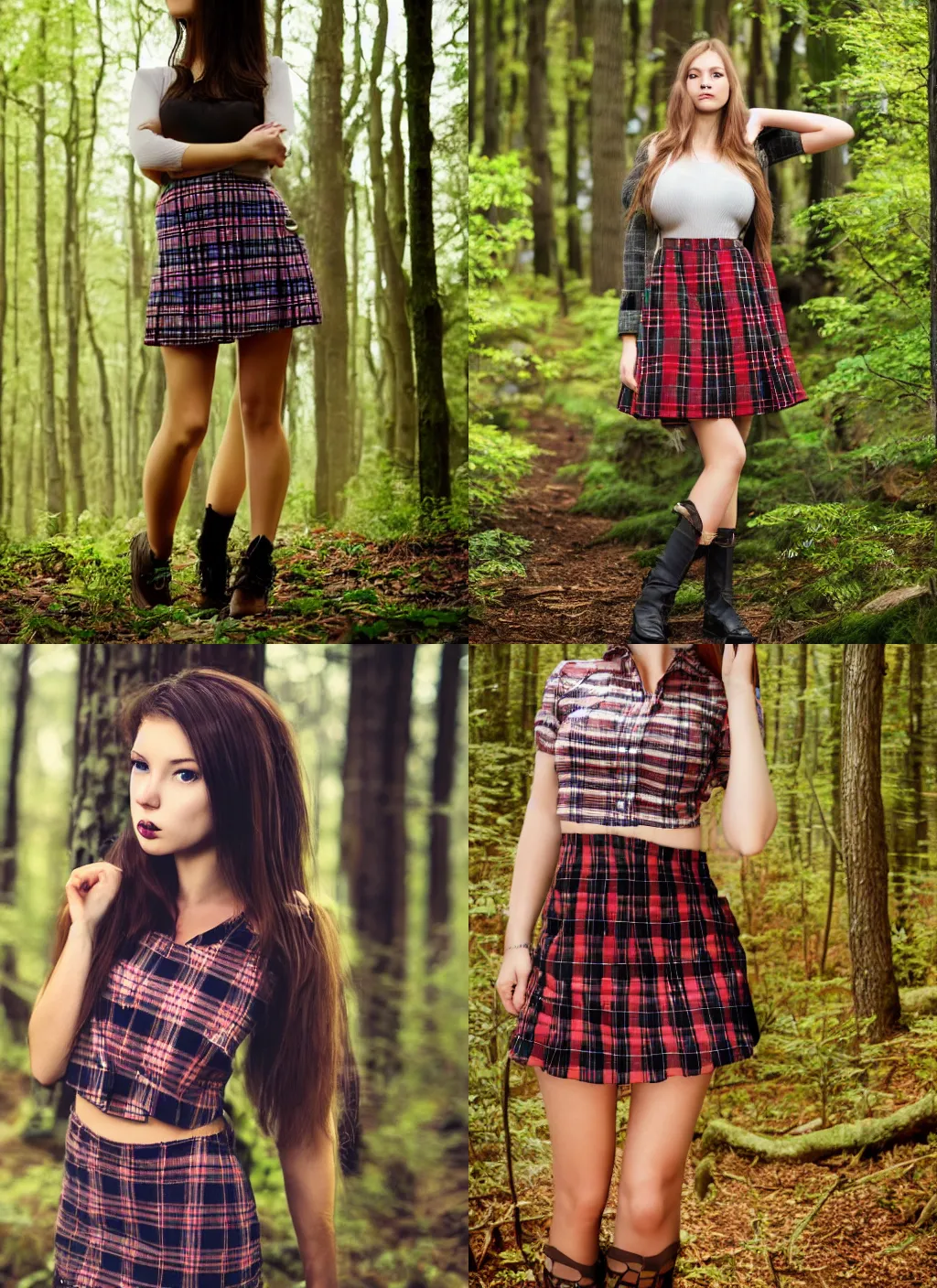 Prompt: beautiful woman in plaid miniskirt standing in a dark forest, close - up shot