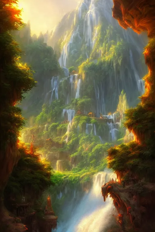 Prompt: Digital masterpiece depicting Idyllic fantasy landscape, waterfalls, castle, willows, mystical, magical, Tyler Edlin and Andreas Rocha, Hyperdetailed, stylized, Artstation