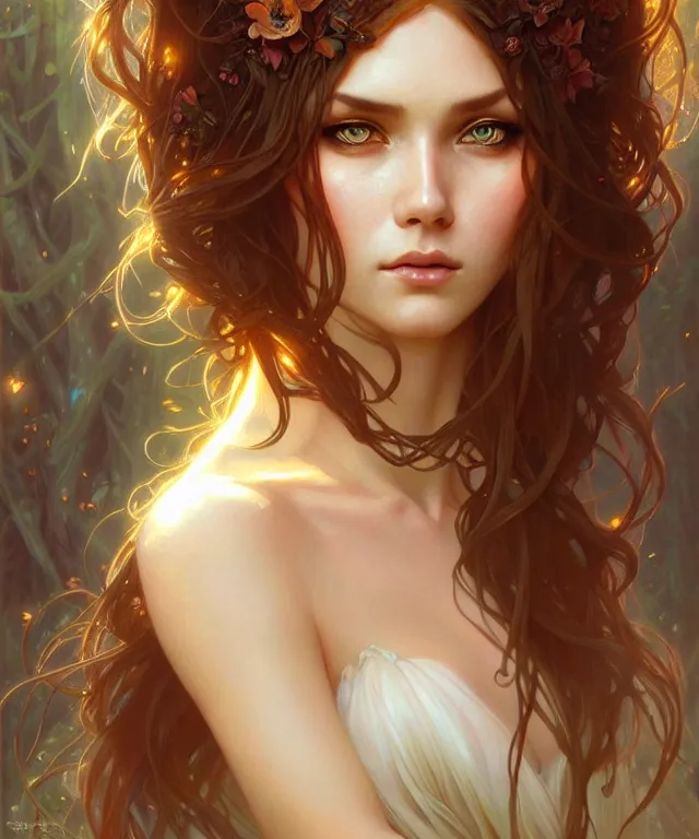 Image similar to Forest nymph woman portrait, amber eyes, face, long hair, fantasy, intricate, elegant, highly detailed, digital painting, artstation, concept art, smooth, sharp focus, illustration, art by artgerm and greg rutkowski and alphonse mucha