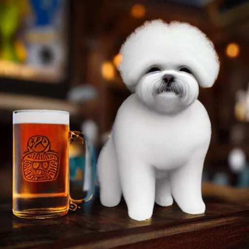 Image similar to a photorealistic photograph of a Trader Vic's Tiki Mug featuring a Bichon Frisé puppy at bar Trending on Artstation, featured on Behance, well-rendered, Unreal Engine, 4K HD