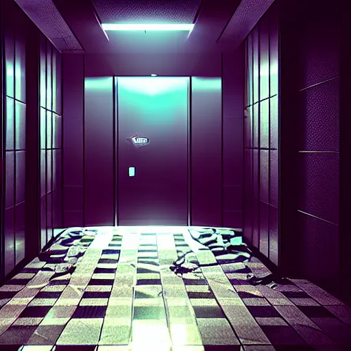 Image similar to Creepy Elevator, Volumetric Lighting, Anamorpic Lens, Cinematic Lighting, Hyperrealistic Rendering, Hyperdetailed, Intricate Details, Dynamic Lights, Raytracing