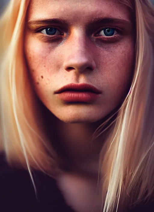 Image similar to Kodak Portra 400, 8K, highly detailed, photographic extreme close-up face of a pretty girl with blond hair , Low key lighting, photographed by Alessio Albi ,dark background, high quality,high contrast ,complementary colors , photo-realistic.