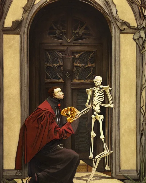 Prompt: A painting of Martin Luther nailing a paper skeleton Halloween decoration to the door of a suburban home, in the styles of Ferdinand Pauwels, Greg Rutkowski, Alphonse Mucha, and Tim Burton, intricate, hyperrealistic, accurate facial details, volumetric lighting