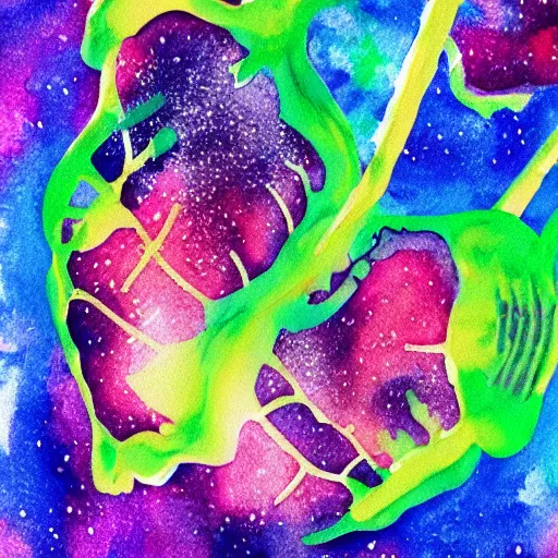 Prompt: lungs lungs floating in space. watercolor. vibrant. amazing painting. beautiful. high resolution. highly realistic. cool tones. close - up.