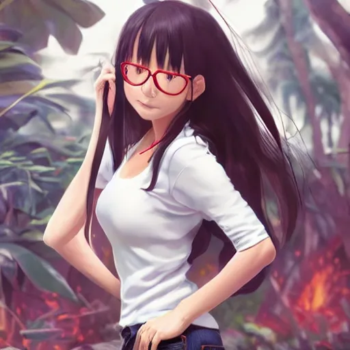 Prompt: real nagatoro using white and red tight raglan sleeves, tight blue jeans and cool shoes in a tropical forest, epic hair glowy fire flames, artstation, 3 d ray tracing, lumen, octane render flawless masterpiece concept art professionally post processed by wlop