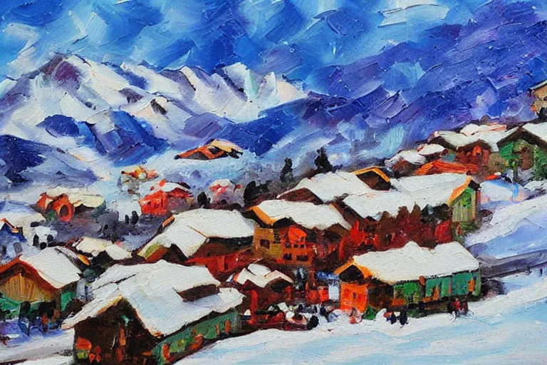 Image similar to beautiful snow mountain village, oil painting, oil in canvas, brushstrokes