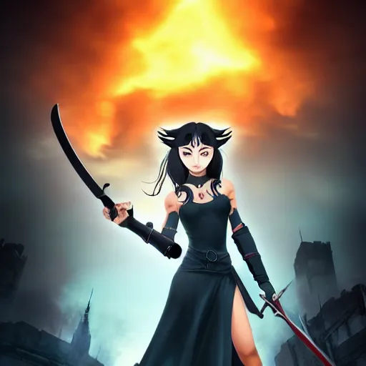 Image similar to a beautiful girl with a beautiful perfect symmetrical body, perfect symmetrical face, coherent symmetrical eyes in a torn dress holding a sword against the background of a burning city, fantasy style