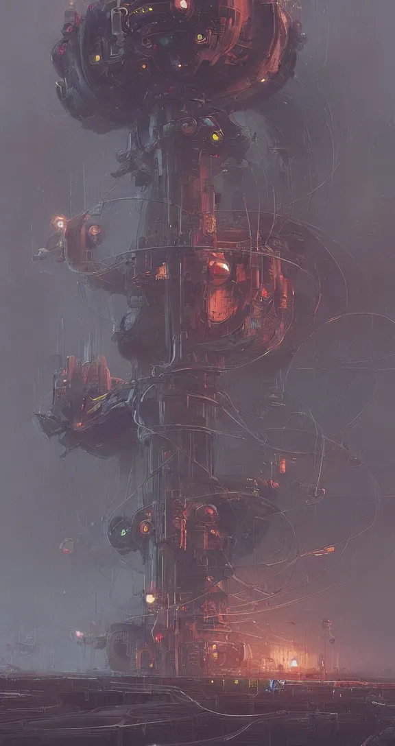 Image similar to complex mechanical starship with long tendrils, lots of hanging cables and wires, messy cords, pouring smoke and oil, sci - fi concept art, by john harris, by simon stalenhag, stunning, award winning