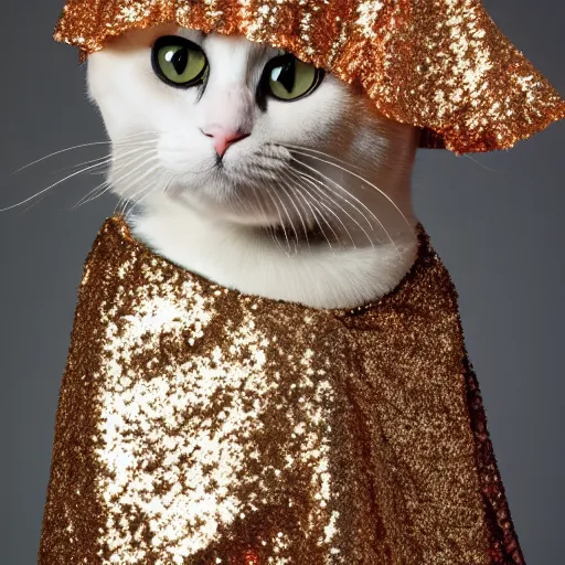 Prompt: a high - quality photo of a cat wearing a sequined designer cape, hyperrealistic, textured, animal portrait, f 2. 8