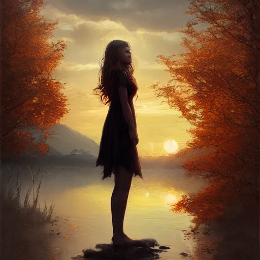 Image similar to beautiful young woman by the lake, sunset, high detail, dramatic light, digital art, painted by seb mckinnon and greg rutkowski, trending on artstation