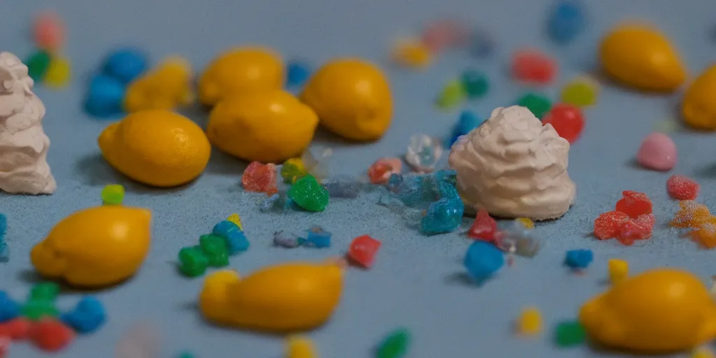 Image similar to a cinematic film still of a claymation stop motion film about a town made of lemons and candy, shallow depth of field, 8 0 mm, f 1. 8