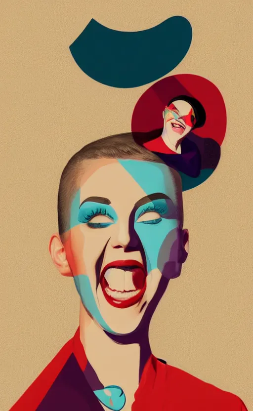 Image similar to illustration portrait of a woman with white buzzcut laughing out loud, art deco painting by tom whalen, by tomer hanukam funny meme photo, trending on behance, digital illustration, storybook illustration, grainy texture, flat shading, vector art, airbrush, pastel, watercolor, poster