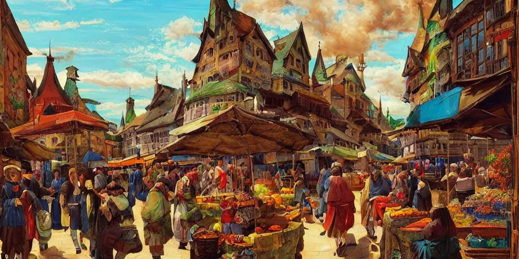 Prompt: This painting is simply stunning. It is a beautiful landscape painting of a medieval scene, with busy market in the background and a bright sky. The colors are so vibrant and the detail is amazing. It is a truly beautiful painting. flat color, deep brown by Diego Dayer, by Naoko Takeuchi Trending on artstation, 8k, very very very beautiful scene