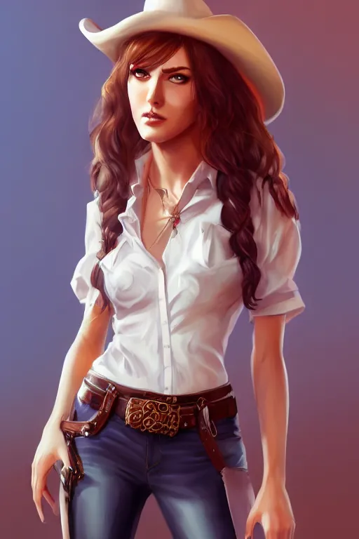 Image similar to full body, katherine mcnamara cowgirl, perfect face, white blouse, holster, 8 k, magic the gathering, desert, d & d, artstation, high detail, smooth, sweaty character concepts by senior concept artist