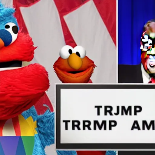 Image similar to Roman Reines hosting a late night talk show with Donald Trump and Elmo, during pride month, realistic photo