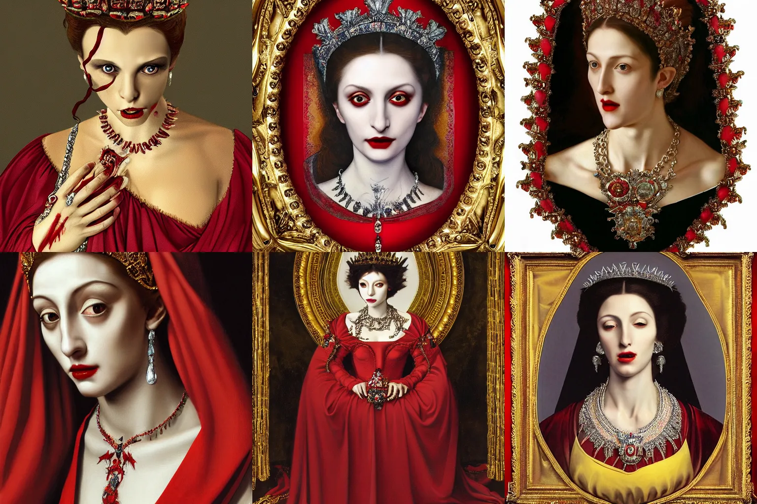 Image similar to A extremely highly detailed majestic hi-res beautiful immaculate head and shoulders painting of a beautiful bloody vampire woman with fangs wearing a long royal red silk dress, the crown jewels is on her head and around her neck is a ornate golden necklace decorated with diamonds and rupees by Michelangelo Merisi da Caravaggio, high detail, hyperrealistic, photorealistic, octante render, cinematic, high textures, royaltly, royal, hyper sharp, 4k insanely detailed and intricate, hypermaximalist, 8k, hyper realistic, super detailed, 4k HDR hyper realistic high,