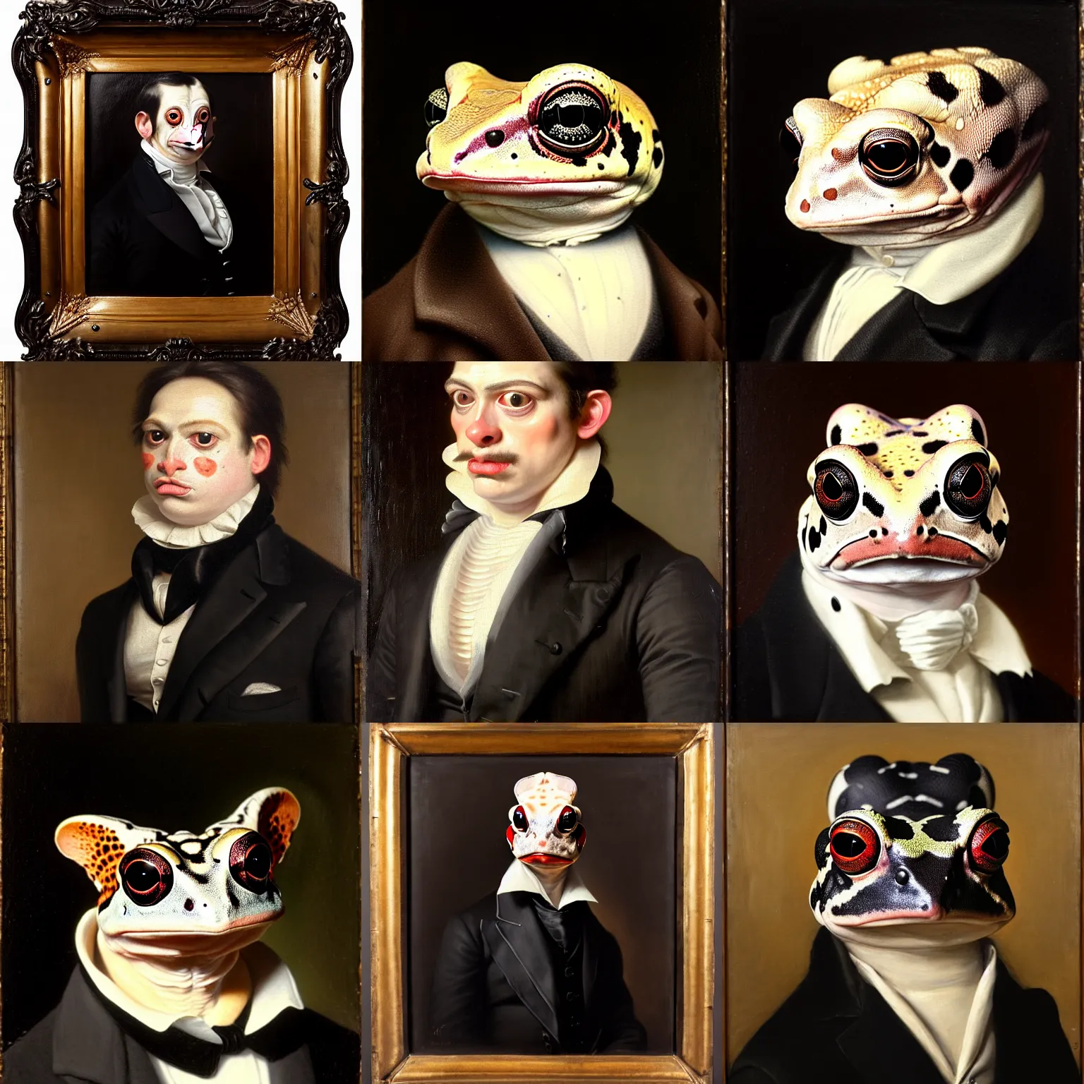 Prompt: a head - and - shoulders portrait of an amazon milk frog looking off camera wearing a black buttoned jacket and waistcoat with a white ascot, an american romanticism painting, a portrait painting, cgsociety, soft focus, oil on canvas