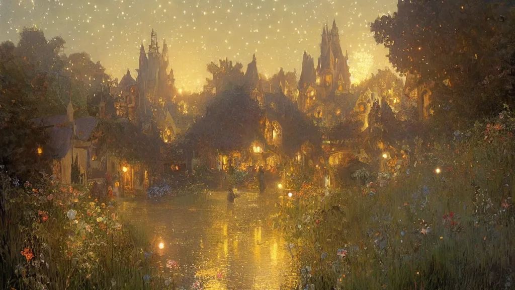 Image similar to a beautiful painting of the shire during a fireworks festival, at night with a sky full of stars and fireworks, intricate, elegant, highly detailed, digital painting, artstation, concept art, by krenz cushart and artem demura and alphonse mucha