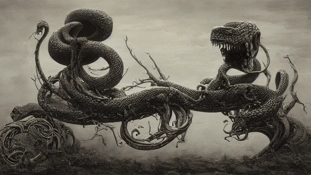 Prompt: snake carriage by Zdzisław Beksiński, cinematic