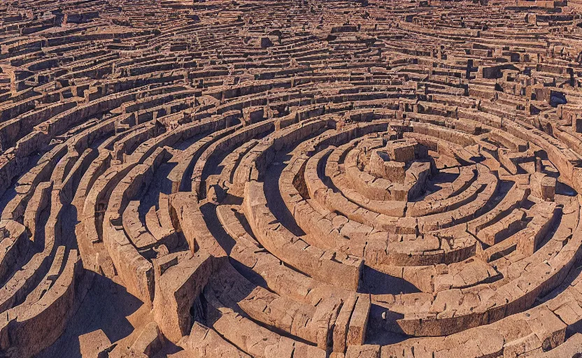 Image similar to high quality 2000s historic footage of gigantic labyrinth in the desert buildings in liminal space style and megalith, color aerial photo drone, Cinestill 800t, heavy grainy picture, very detailed, high quality, 4k panoramic