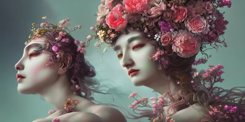 Prompt: breathtaking detailed concept art painting art deco portrait of gaea goddess amalgamation flowers, by hsiao - ron cheng, bizarre compositions, exquisite detail, extremely moody lighting, 8 k
