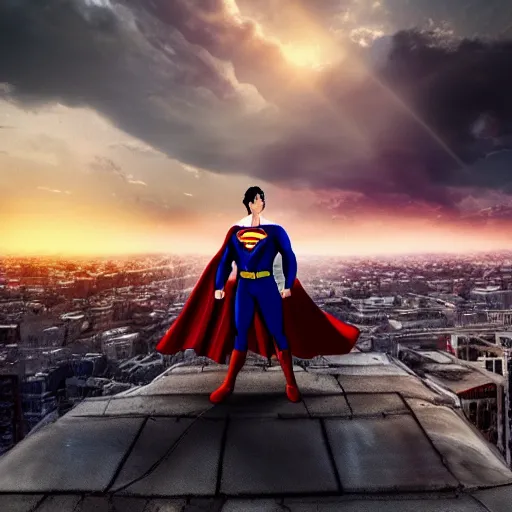 Prompt: a cinematic anime painting of superman stood on the roof of an abandoned cathedral, his face is lit by a strong beam of light shining in through a crack in the clouds, 8 k, movie still, wide angle