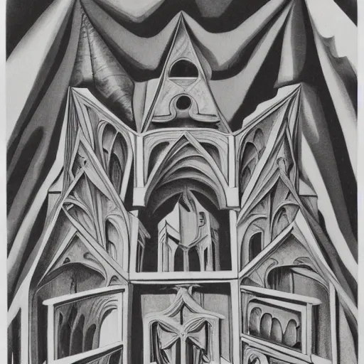 Prompt: escher print of impossible cathedral