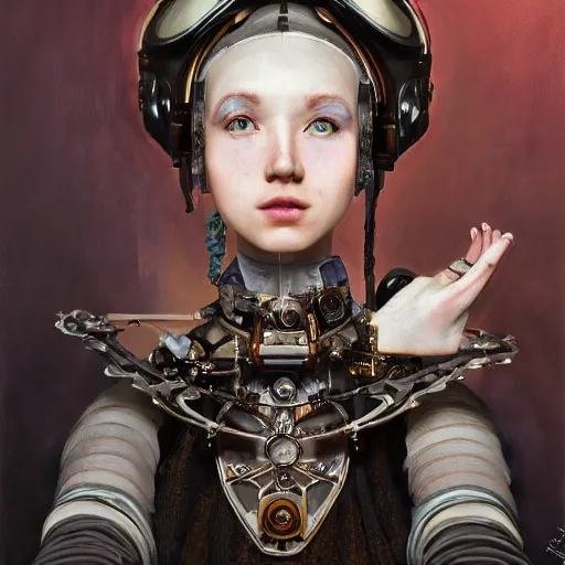 Prompt: A masterpiece portrait of a Incredibly beautiful queer maid barique renaissance swamp lovely village nun girl Assembling a large, complex cyberpunk steampunk android robot medium shot, intricate, elegant, highly detailed. trending on artstation, digital art, by Stanley Artgerm Lau, WLOP, Rossdraws, James Jean, Andrei Riabovitchev, Marc Simonetti, Yoshitaka Amano. background by James Jean and Gustav Klimt, light by Julie Bell, 4k, porcelain skin. Studio Ghibli